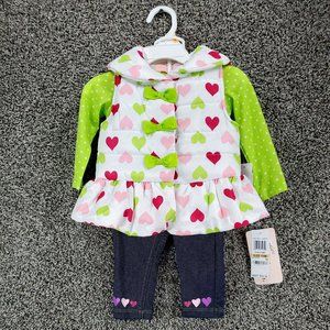 Kids Headquarters Lime Green/Pink Hearts Girls Size 12 Months Jeans/Puffer Vest